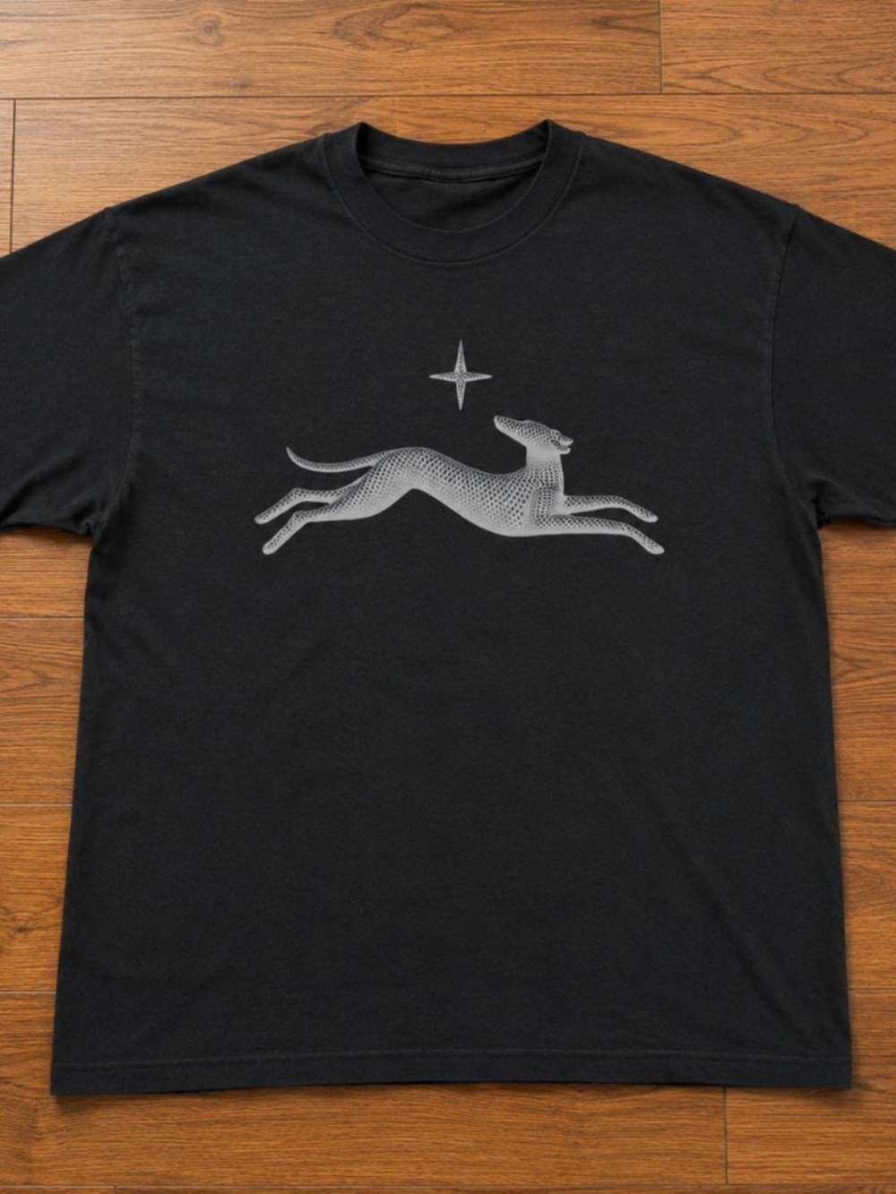 Black Graphic Tee with Silver Grey Greyhound Motif